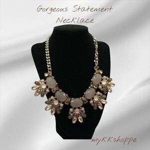 Gold Tone Statement Necklace Cream Beige Crystals Floral Design